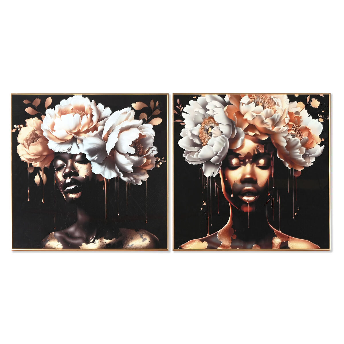 Painting Home ESPRIT White Black Golden Flowers 80 x 3,5 x 80 cm (2 Units)