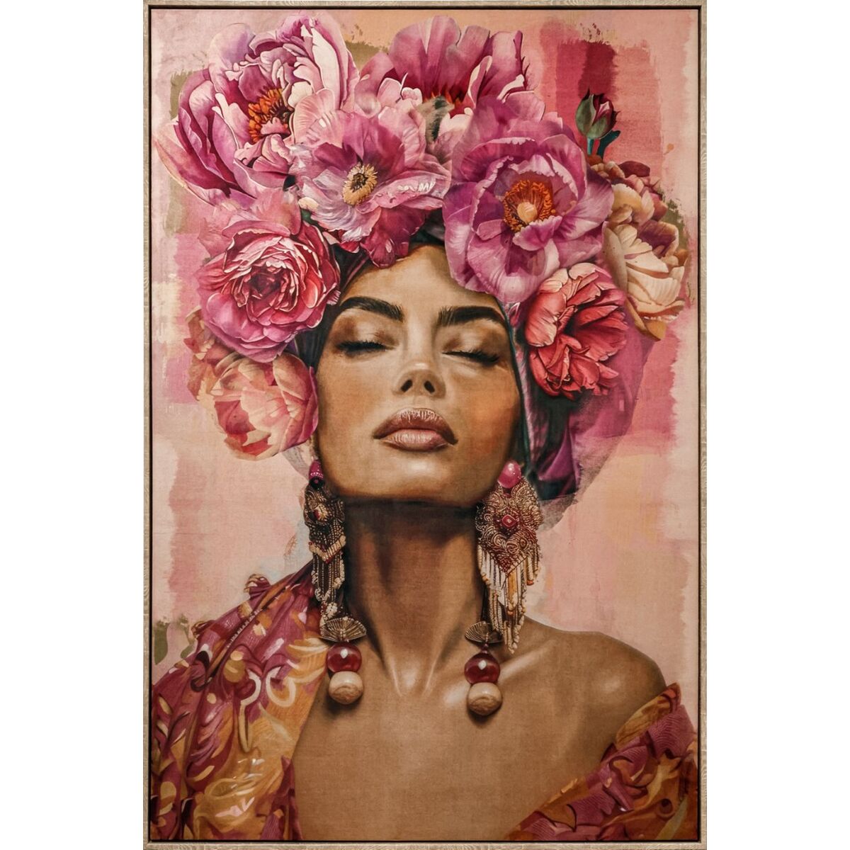 Painting Home ESPRIT Pink Flowers Velvet Shabby Chic 103 x 4,5 x 143 cm